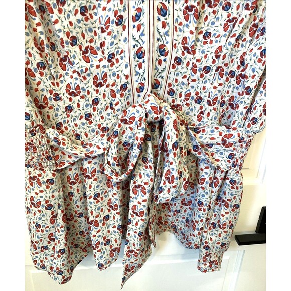 Max Studio Blouse Size 2X Red Blue Floral V Neck Ruffle Peplum Boho Waist Tie - Picture 5 of 16